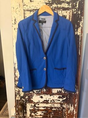 Talbots Blue Blazer with Navy Trim and gold button accents w pockets. Size 12.
